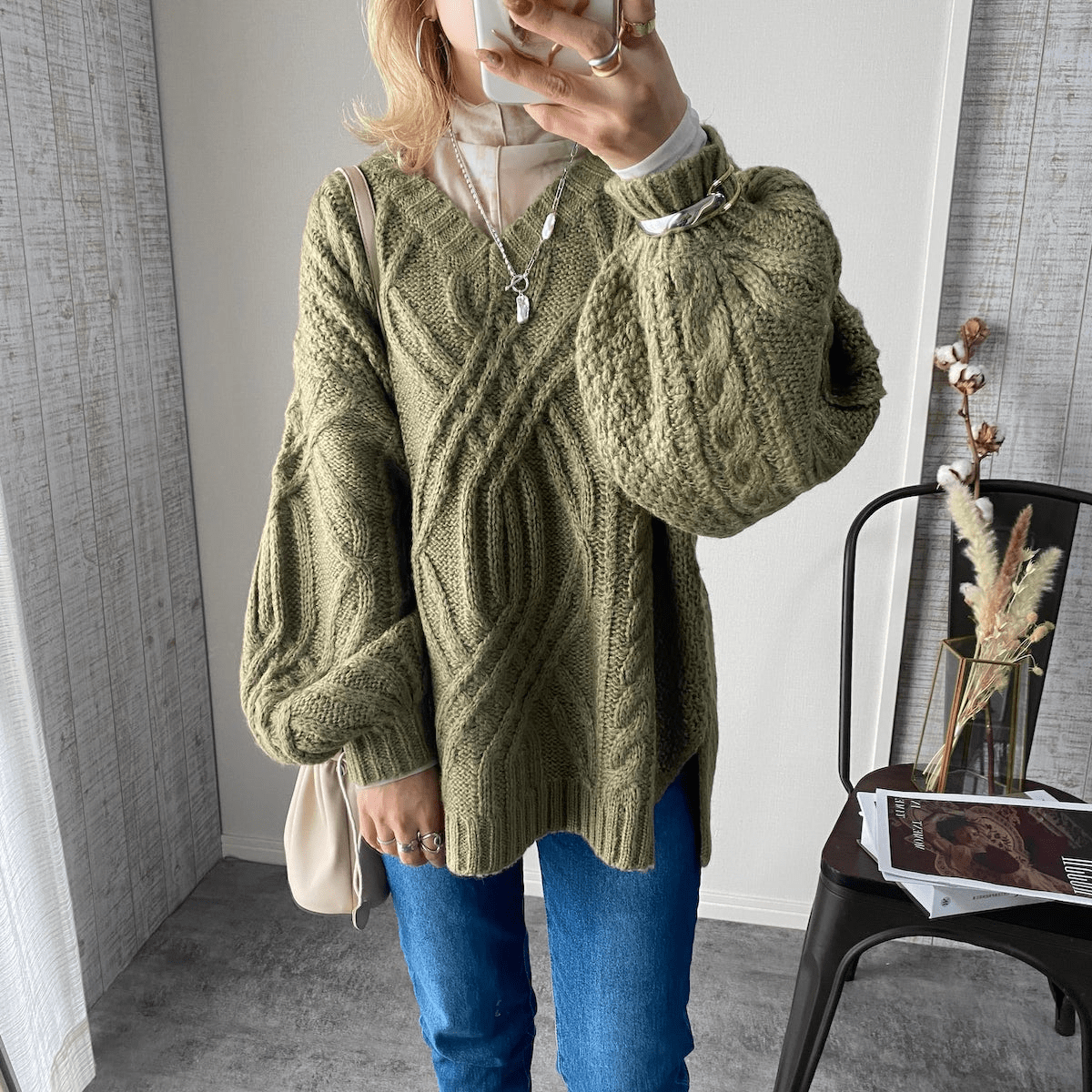 Chich&Sally モヘアタッチケーブルニットPO【Khaki】
