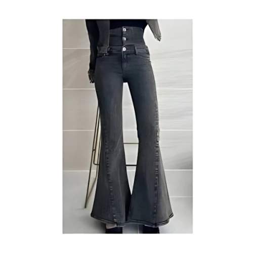 GYDA ハイウエストボタンUSEDケミカルウォッシュストレッチフレアデニムパンツ