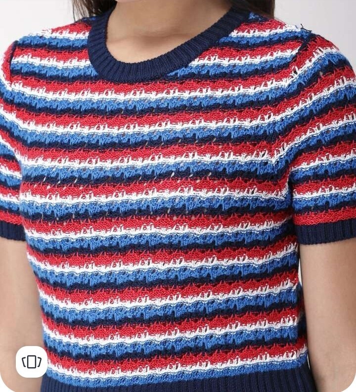 FOREVER21 FOREVER 21 Women Navy Blue & Red Striped Cropped Pullover