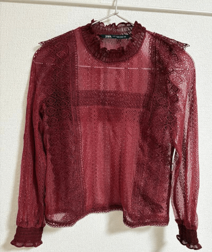 ZARA レースカットソー バーガンディ