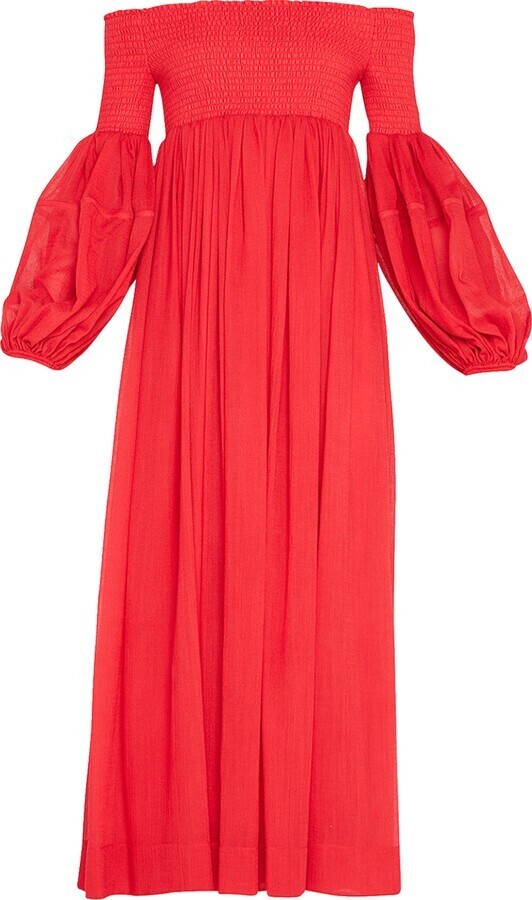 Chloé Shirred Off-The-Shoulder Puff-Sleeve Maxi Dress