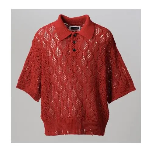 MAISON SPECIAL Sheer Lace Mesh Prime-Over Knit Polo Shirt