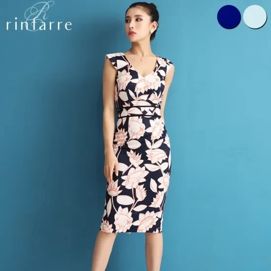 rinfarre 花柄 ハイウエスト フレンチスリーブ ハートカット ノースリーブ タイト ミディアムドレス ワンピース