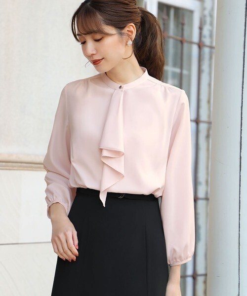Flolia フロントラッフル七分袖ブラウス