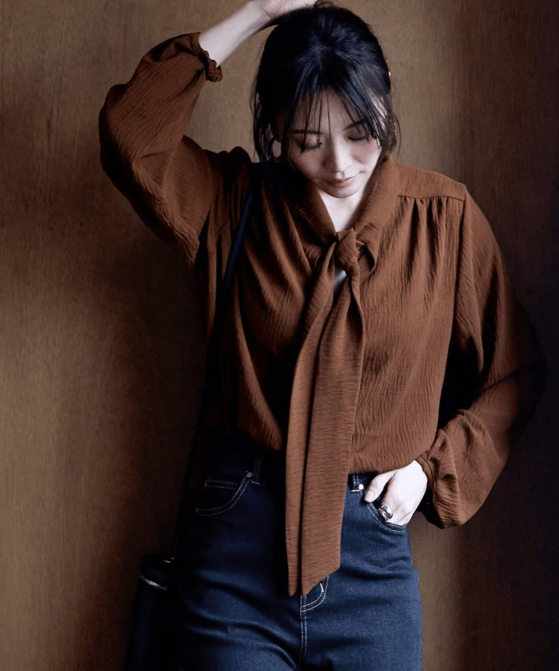 STYLE DELI シボ入りガーゼ調ボウタイブラウス