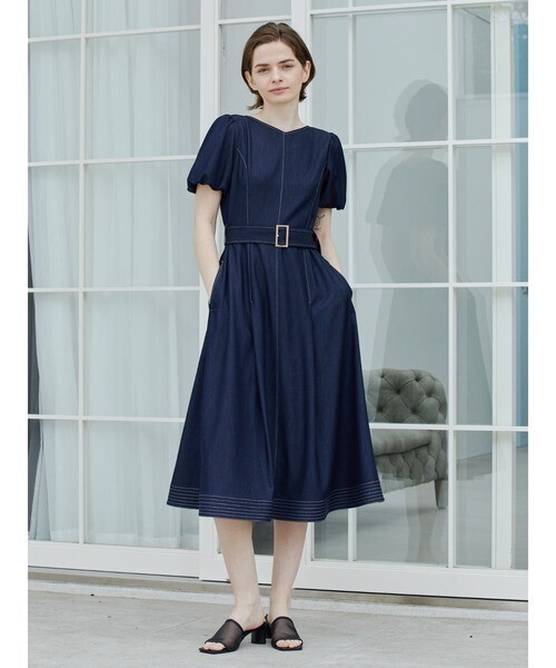 TONAL デニム調タックフレアワンピース