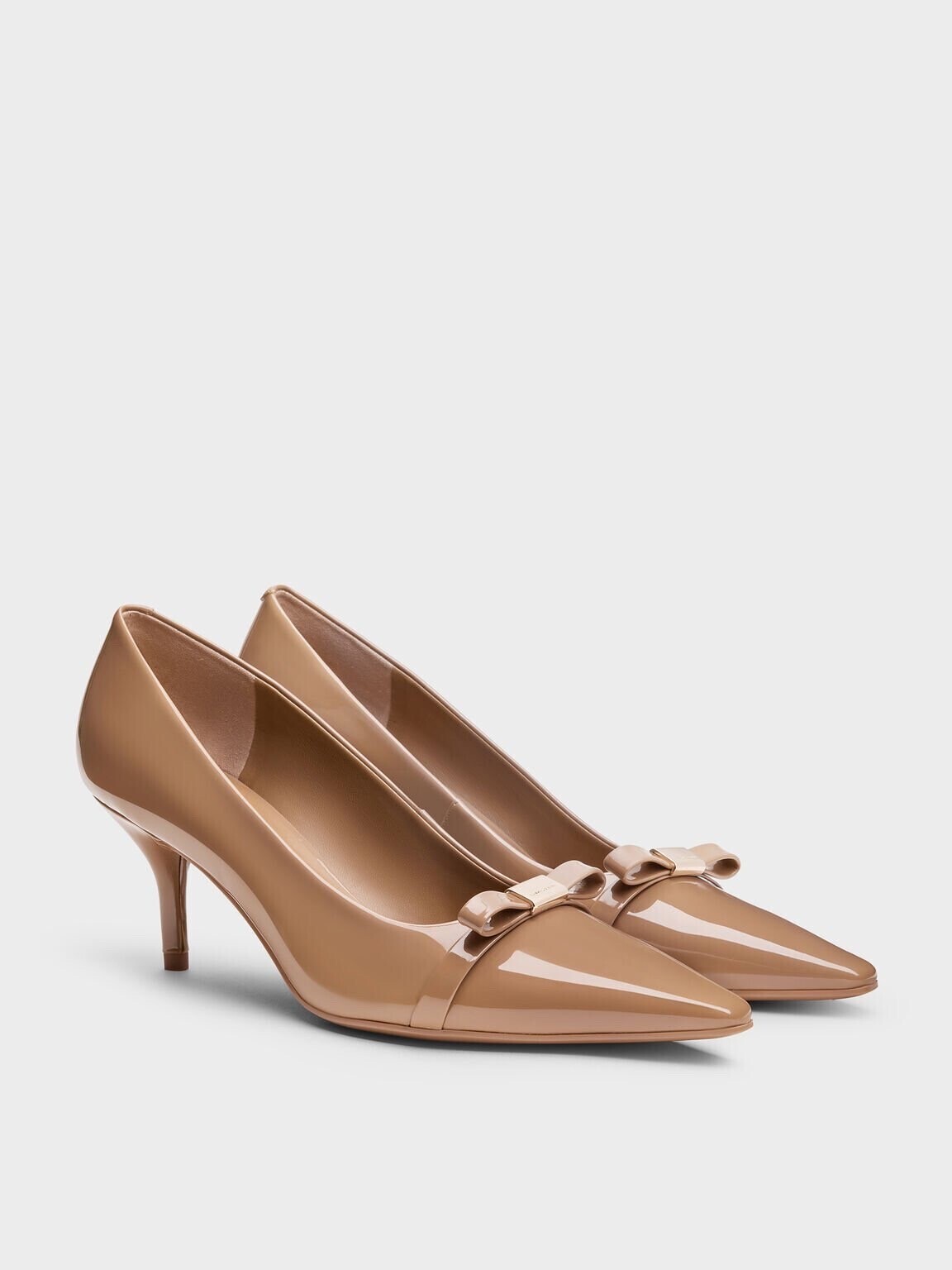 CHARLES & KEITH Dorian ドリアン パテントボウポインテッドトゥスティレットヒールパンプス - キャラメル
