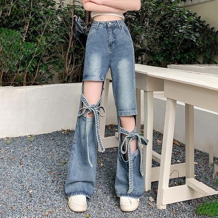 17kg リボン付きのワイドレッグデニムパンツ