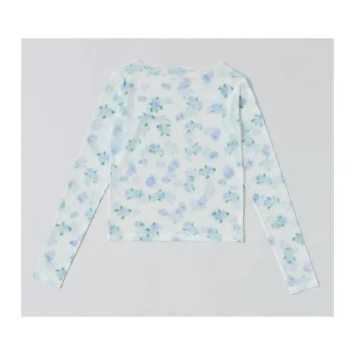 POPPY BLUE BLURRED FLOWER SEE-THROUGH TOPS (ROUND NECK)