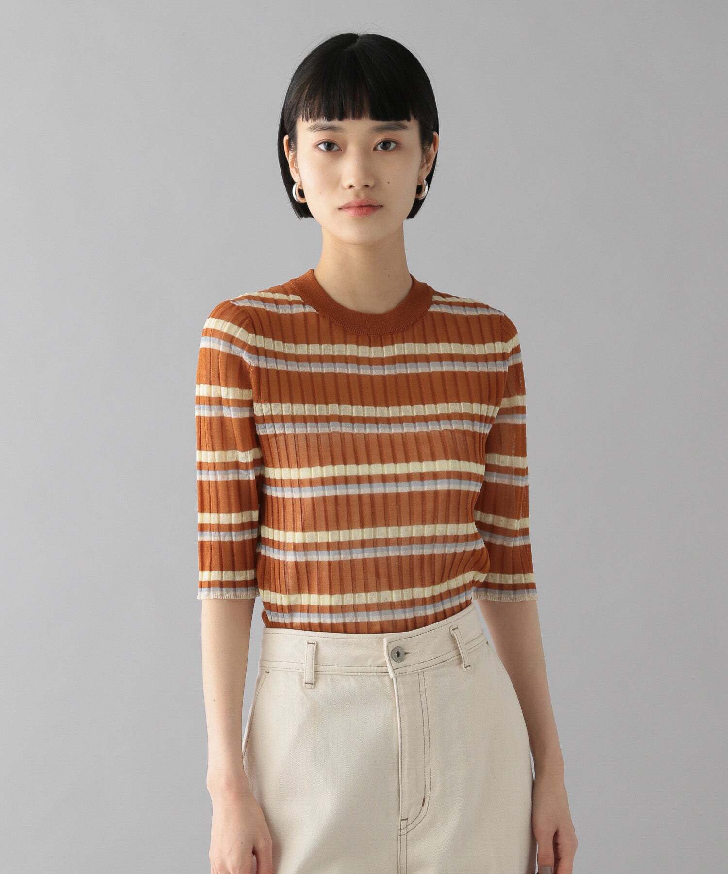 O0u SHEER MULTI BORDER SHORT SLEEVE KNIT