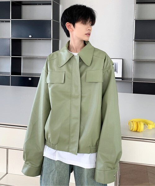 neos ルーズ ボックスシルエット ショート丈 合成皮革 ジップ ジャケット