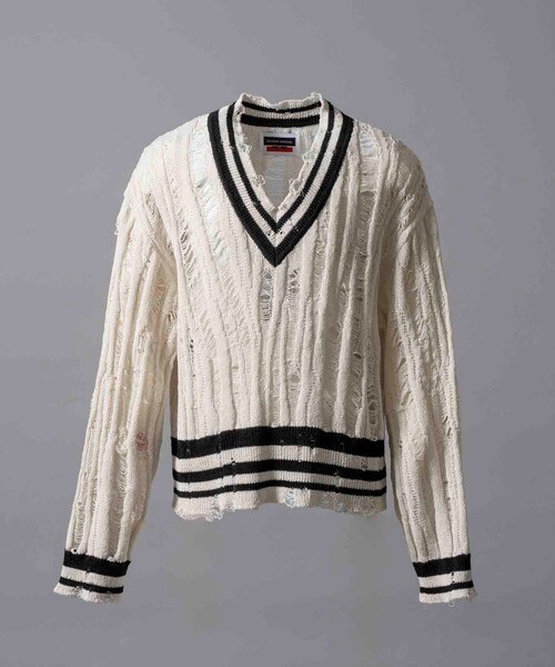 MAISON SPECIAL Prime-Over Japanese Paper Damaged Tilden V-Neck Knit Pullove