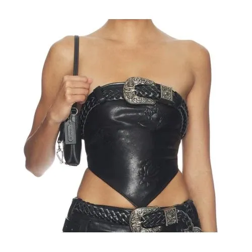 MARK GONG Markgong Faux Leather Floral Imprinted Tube Top