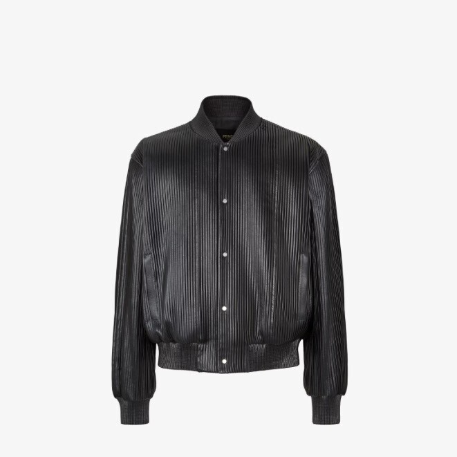 FENDI Black leather pleated bomber jacket