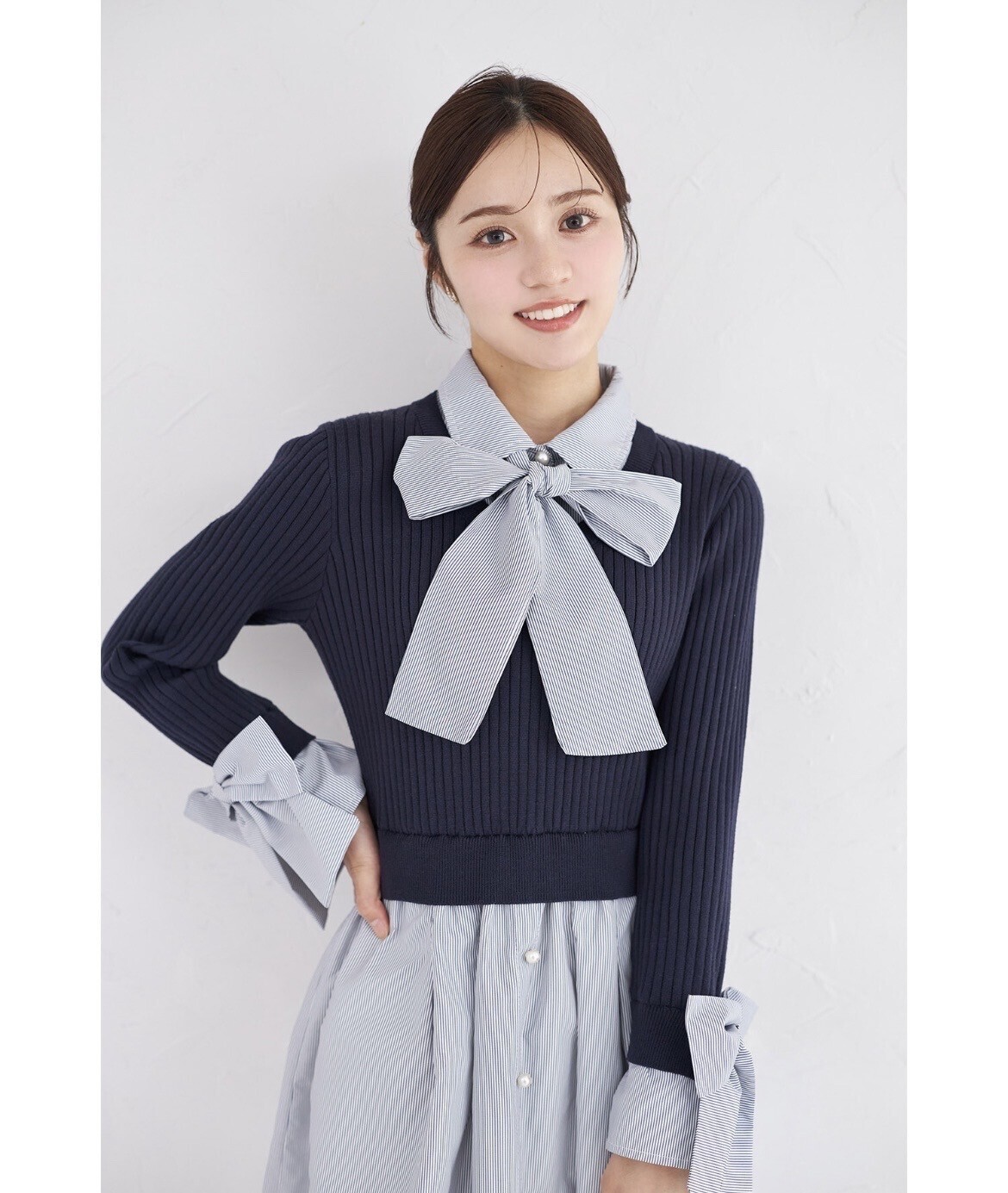 tocco 2WAYボウタイリボン付きニットドッキングシャツワンピース