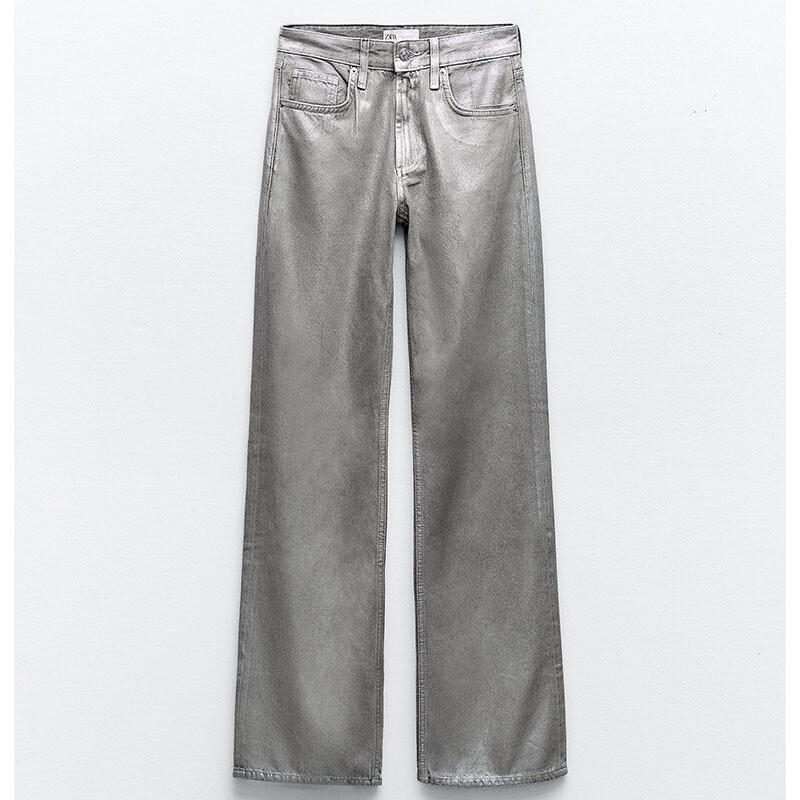 ZARA TRF WIDE-LEG MID-RISE メタリック デニムパンツ