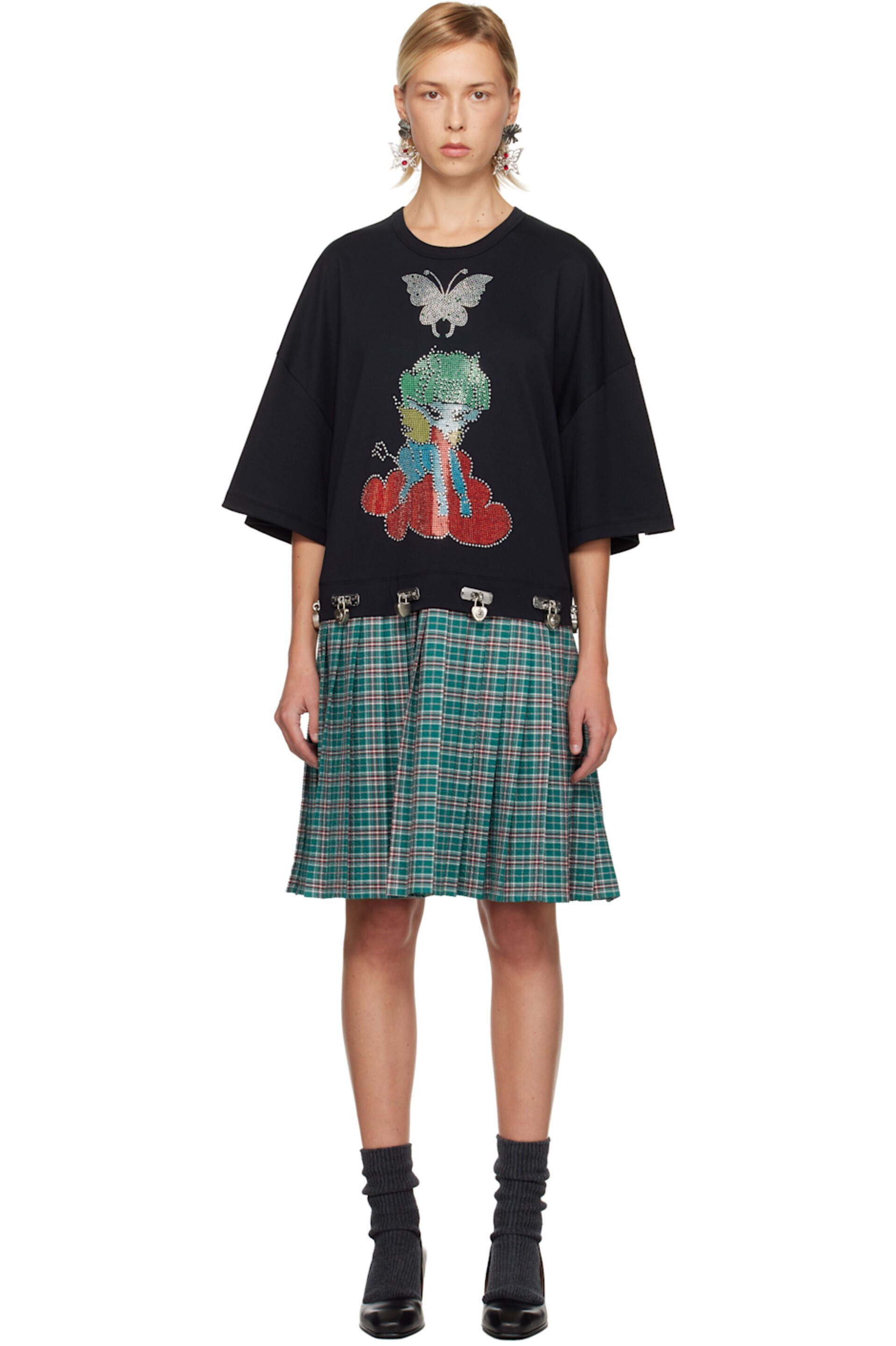CHOPOVA LOWENA ブラック＆グリーン Spaced Out Tシャツ ミニワンピース