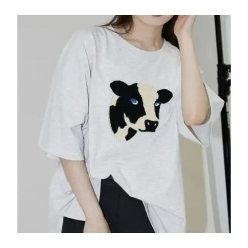 PUBLUX パール付 牛 相良刺繍 ビッグ Tシャツ