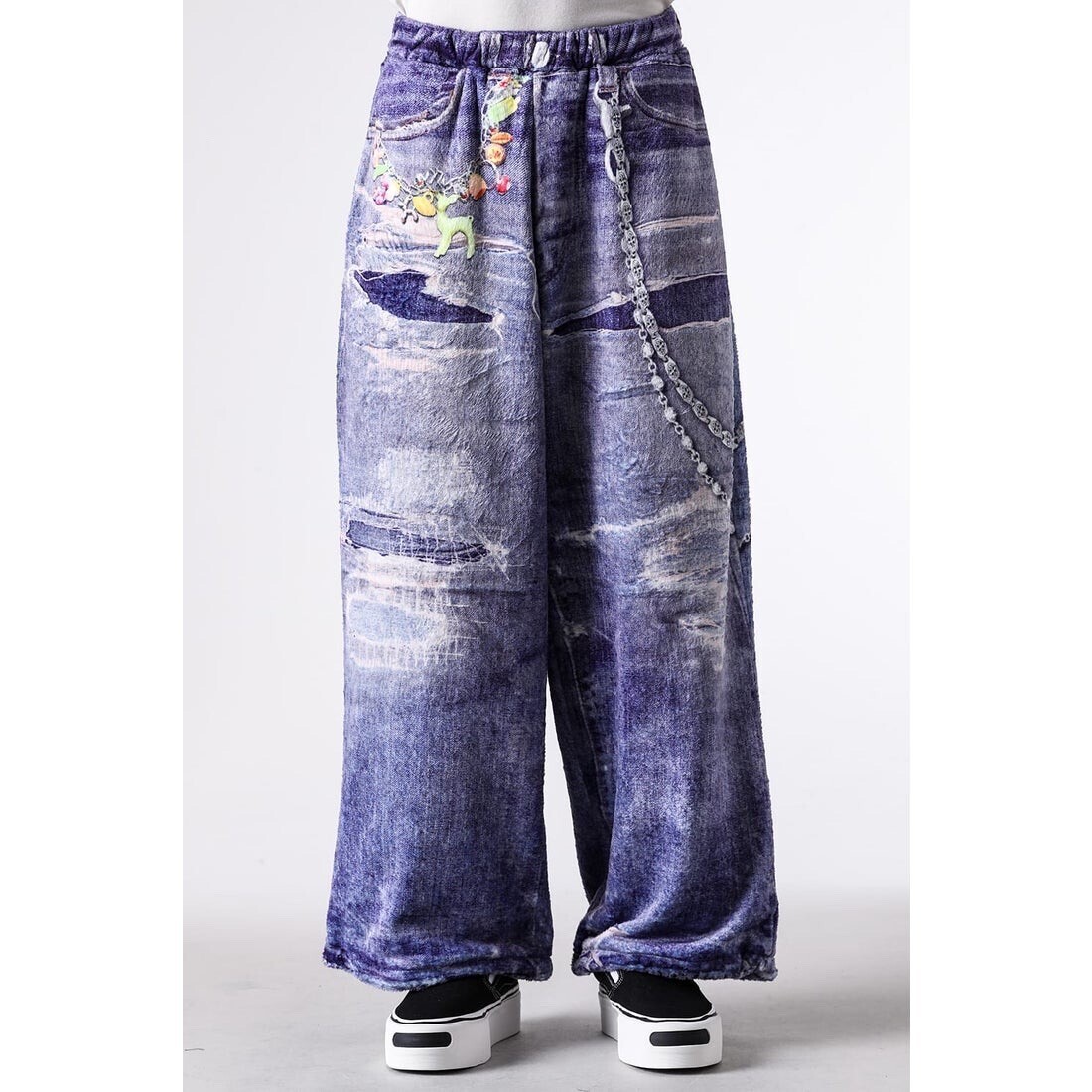 TALKING ABOUT THE ABSTRACTION Fleece Denim Print Wide Pants （Blue）
