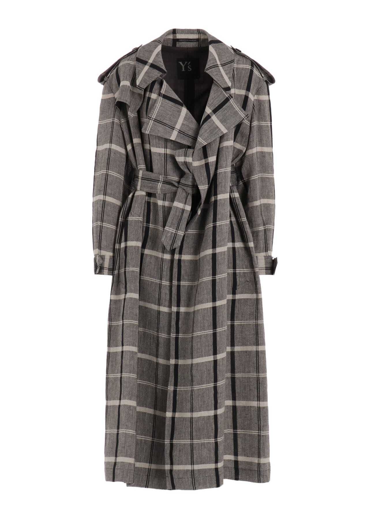 Y's LINEN/NYLON PLAID TRENCH COAT