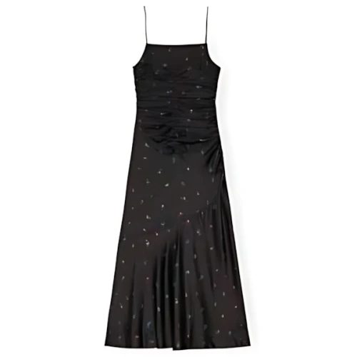 GANNI FLORAL SATIN RUCHED LONG SLIP DRESS