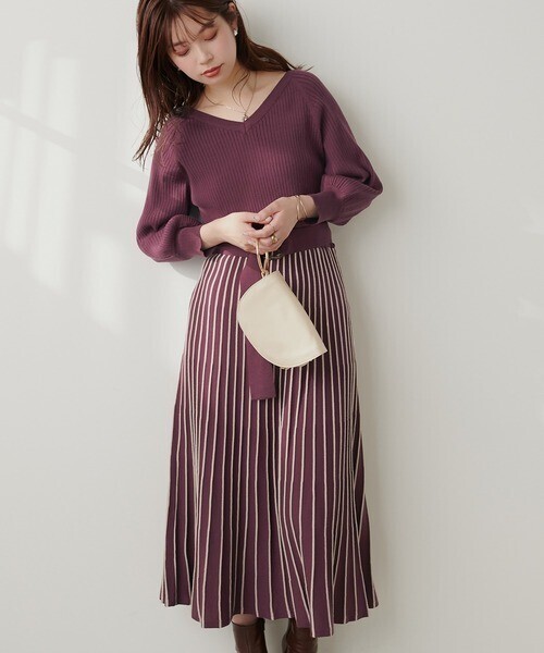 natural couture 配色ニットプリーツワンピース