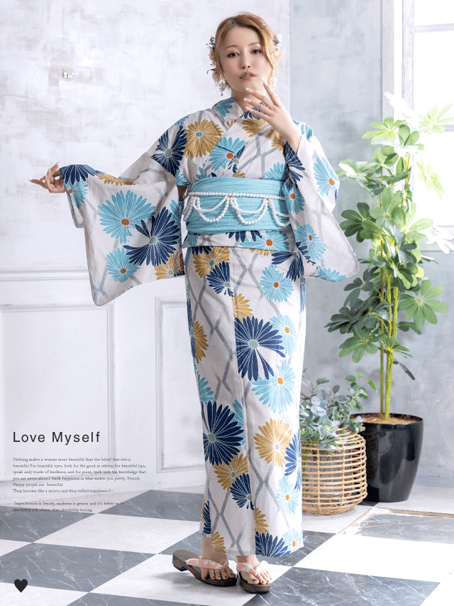 Mydress 【浴衣セット】小物が選べる!格子生成り地に蝦夷菊文様ゆかた2点セット