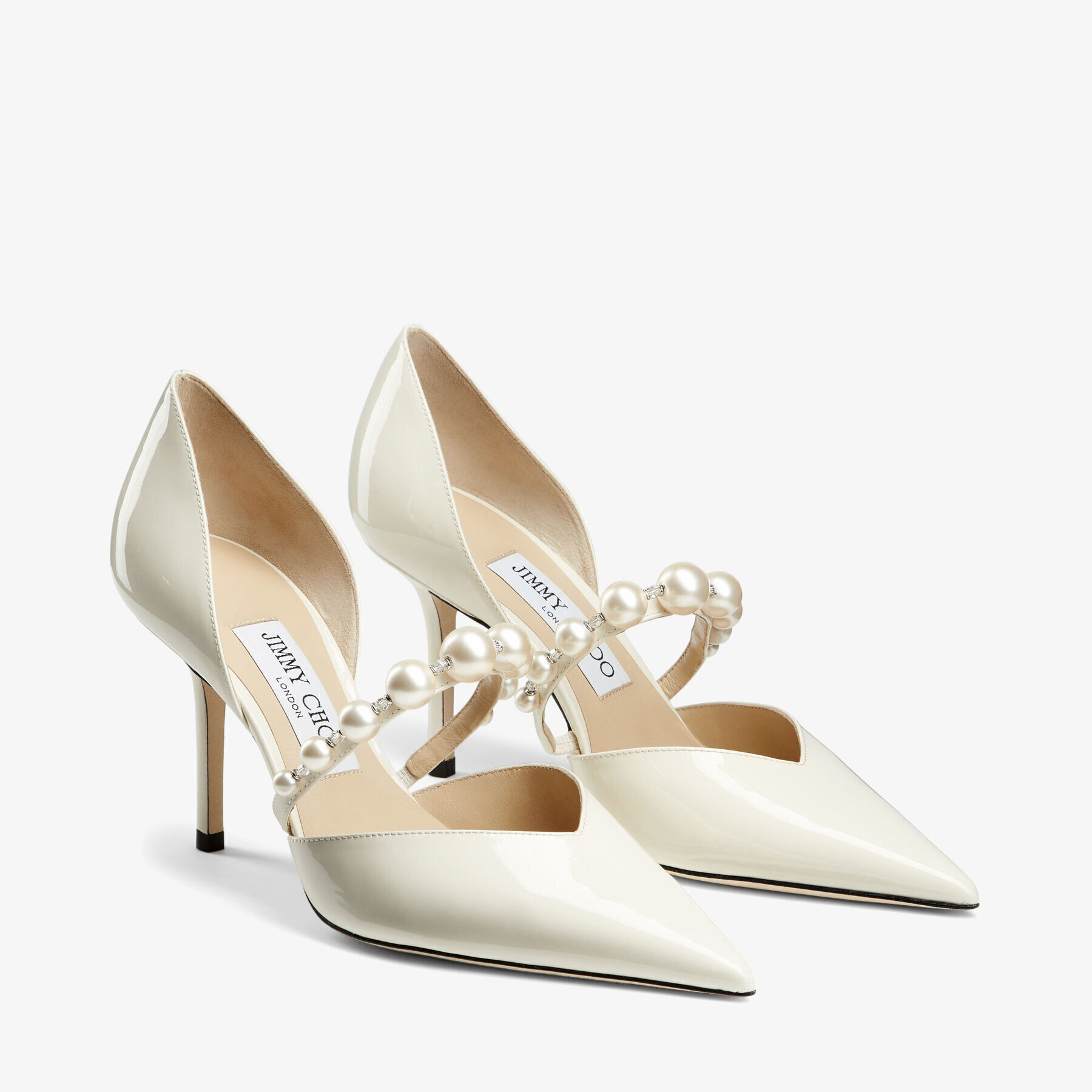 JIMMY CHOO オーレリー 85 パール付き Latte パテントレザー・ポインテッドトゥ パンプス