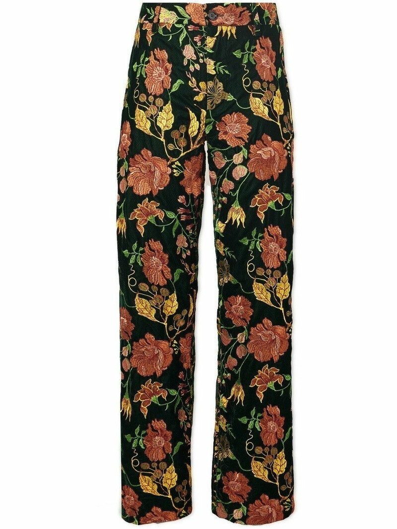 Séfr Richie Straight-Leg Floral-Embroidered Velour Trousers