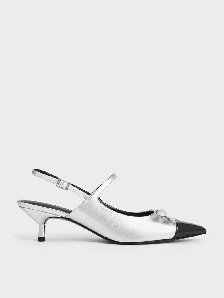 CHARLES & KEITH ボウ ポインテッドトゥキャップキトゥンヒールパンプス - シルバー