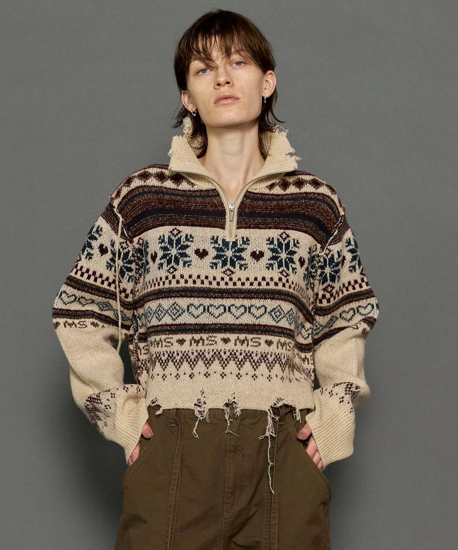 MAISON SPECIAL Nordic Pattern Half Zip Knit Tops