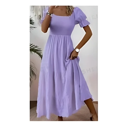 SHEIN SHEIN Clasi 女性のファッション ソリッドカラーのAラインフレアパフスリーブドレス