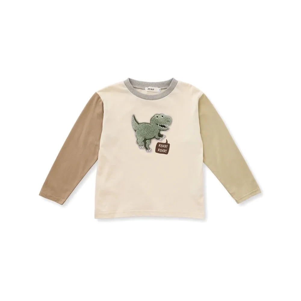 SLAP SLIP 袖切り替えサガラ刺しゅう恐竜Tシャツ