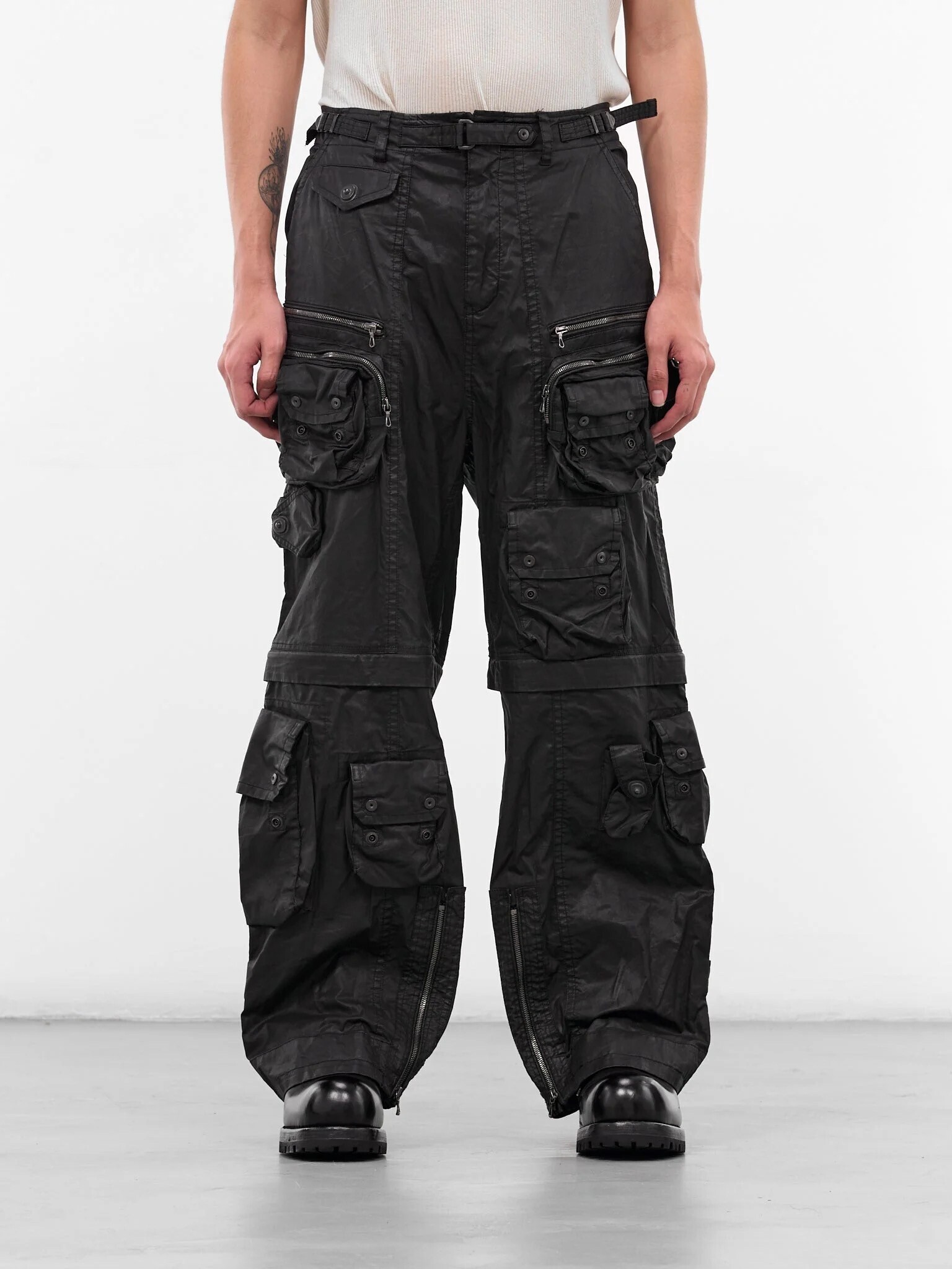 JULIUS Black Coated Canvas Cargo Pants