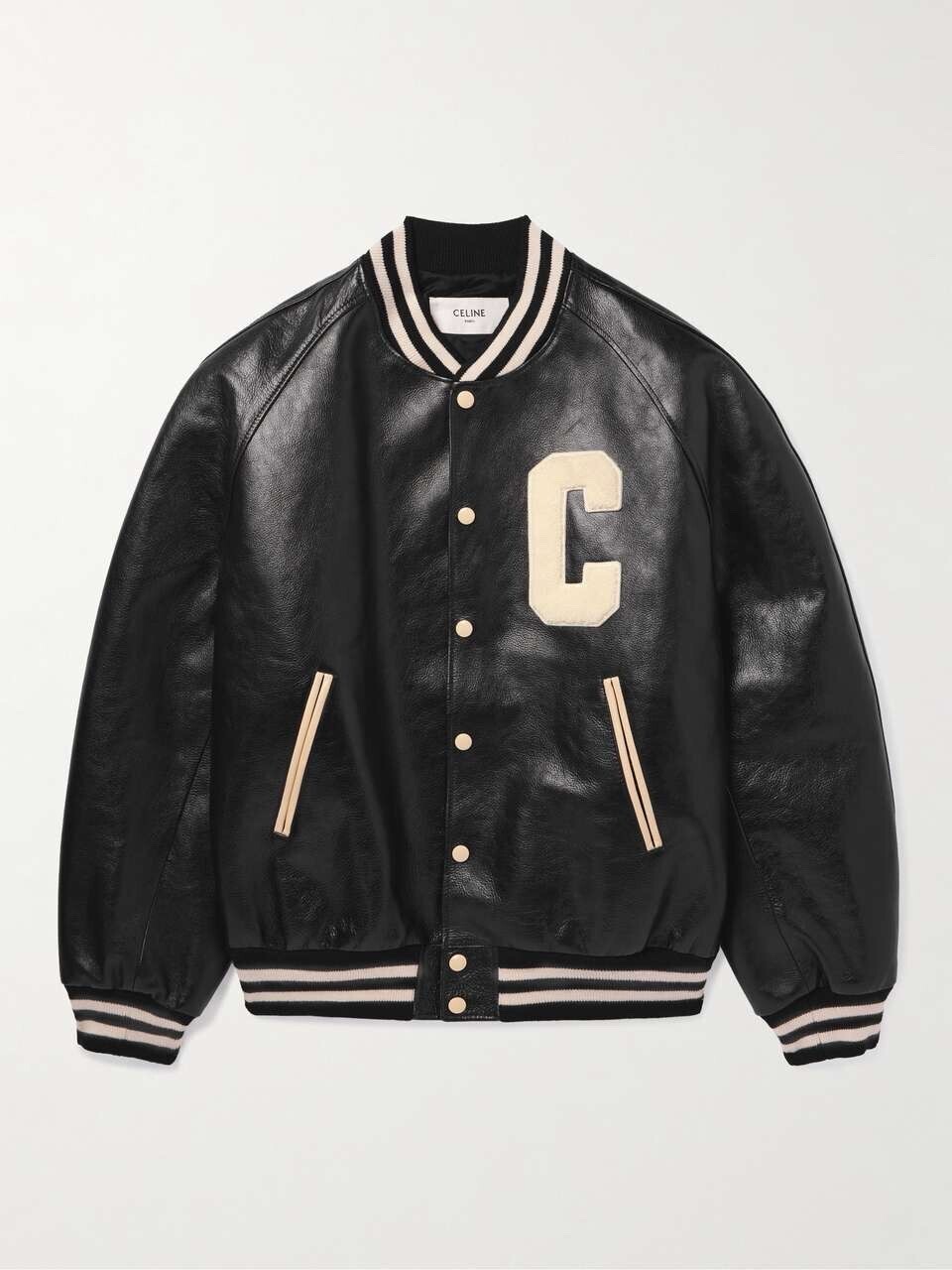 CELINE レザー ボンバー ジャケット ロゴアップリケ付き