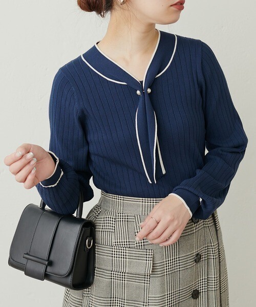 natural couture パール付きボウタイバイカラーニット