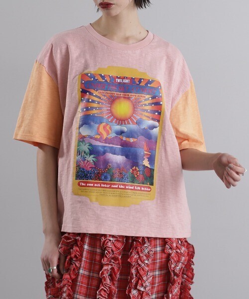 OKIRAKU (OKIRAKU×ROSEBUD)袖配色 プリントTシャツ