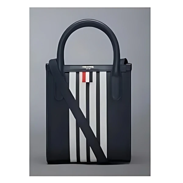 THOM BROWNE VERTICAL MINI TOTE W/ 4 BAR STRIPES IN SMOOTH CALF