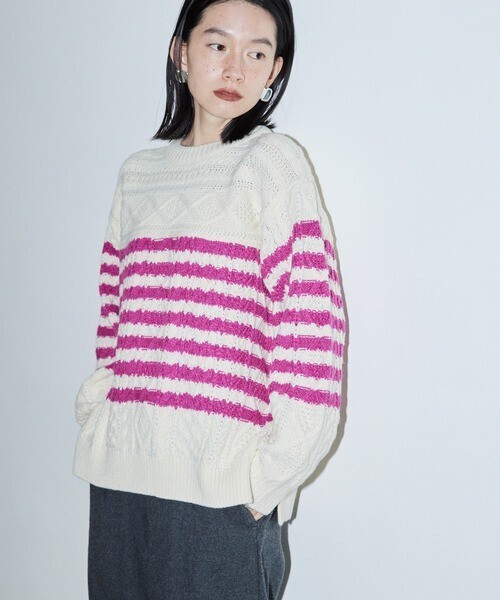 AMERICAN HOLIC ボーダーケーブルニットプルオーバー