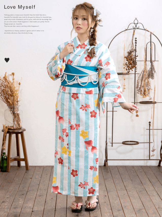 Mydress 【浴衣セット】小物が選べる!水色ストライプ地に金魚と梅文様ゆかた2点セット