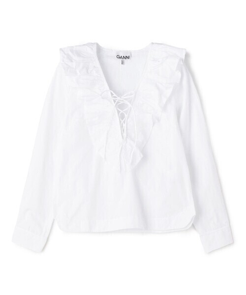GANNI COTTON POPLIN RUFFLE Vネックブラウス