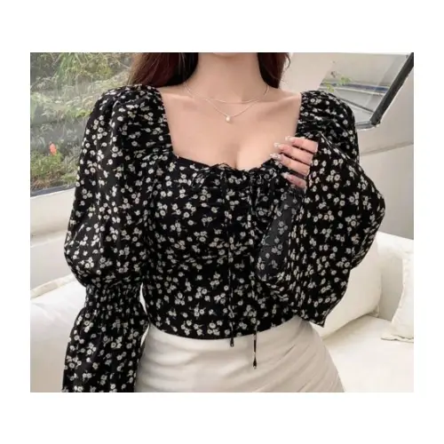 SHEIN DAZY 花柄 ベルスリーブ クロップトップ レディース リボン プリーツ