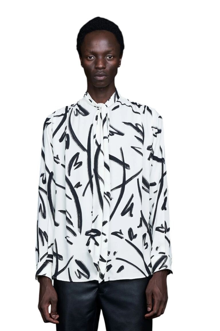 GALAABEND Hand paint Gather Ribbon Shirt WHITE