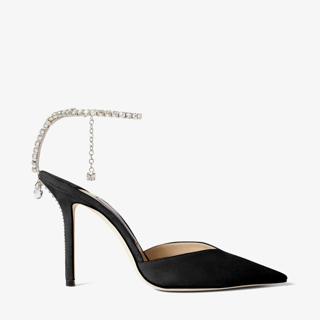 JIMMY CHOO クリスタルチェーン付き Black スエード・パンプス