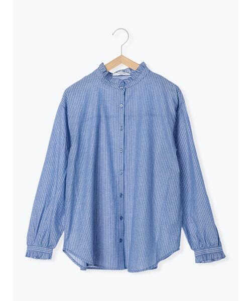 Samansa Mos2 blue ピンストライプフリル衿ブラウス