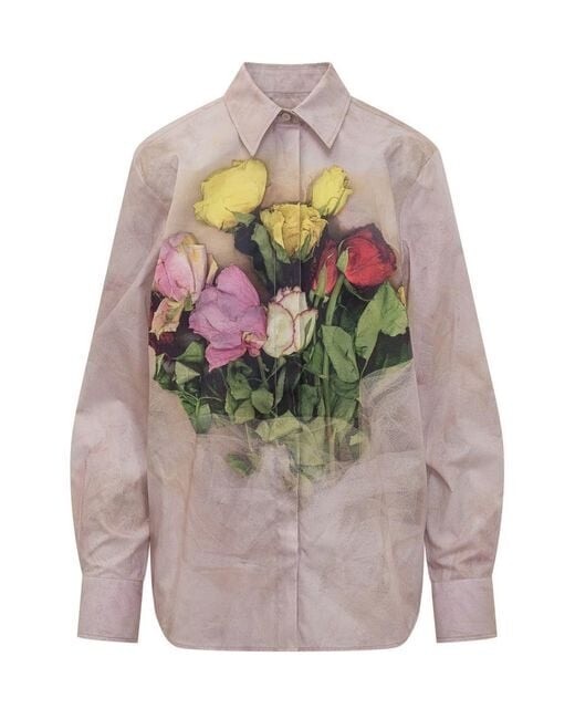 MSGM Women's Grey Floral Print Shirt