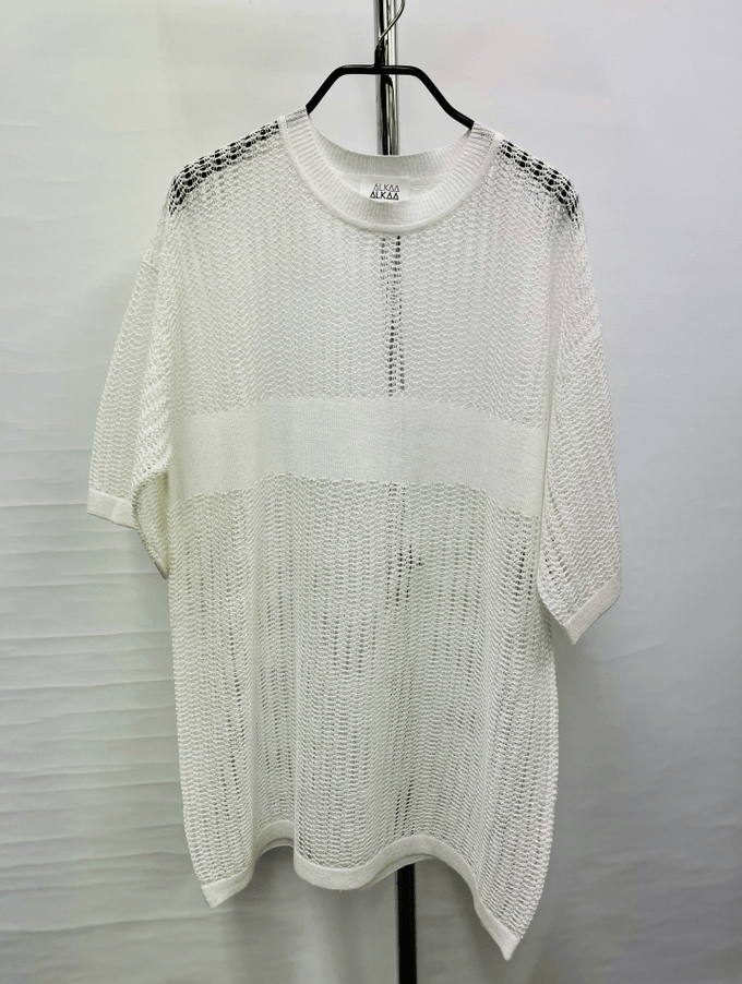 alkaa alkaaラミネートタッチリネンコットンUNISEXレーシーニットT