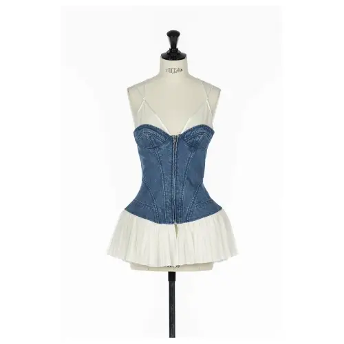 FETICO ORGANIC COTTON DENIM PLEATED BUSTIER TOP