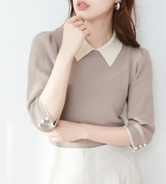 natural couture 配色衿付き6分袖ニット