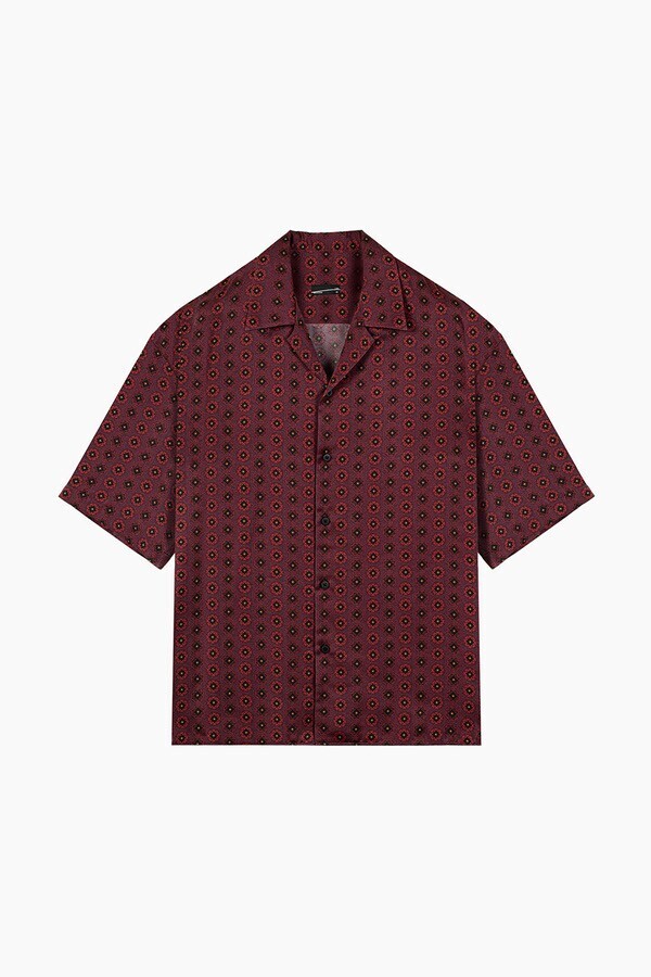 LAD MUSICIAN SILKY SATIN INKJET OCTAGON OPEN COLLAR SHORT SLEEVE SHIRT
